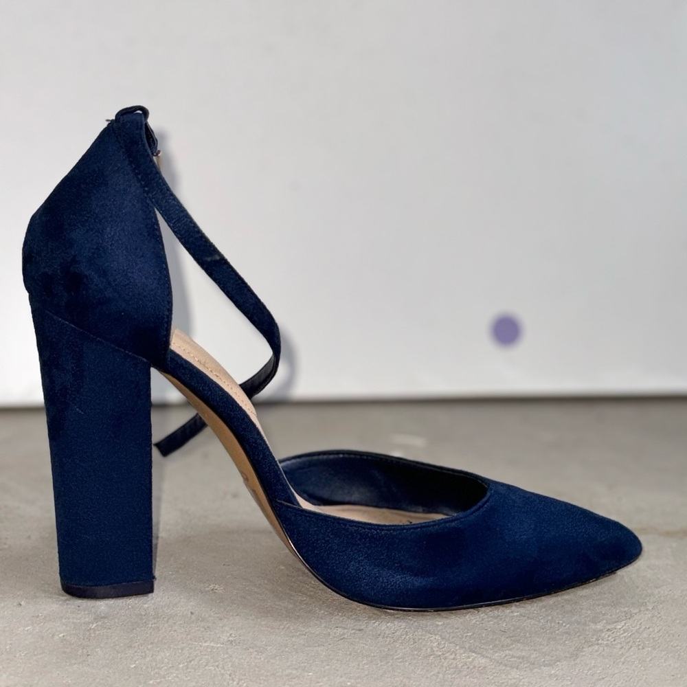 Navy blue suede block heels